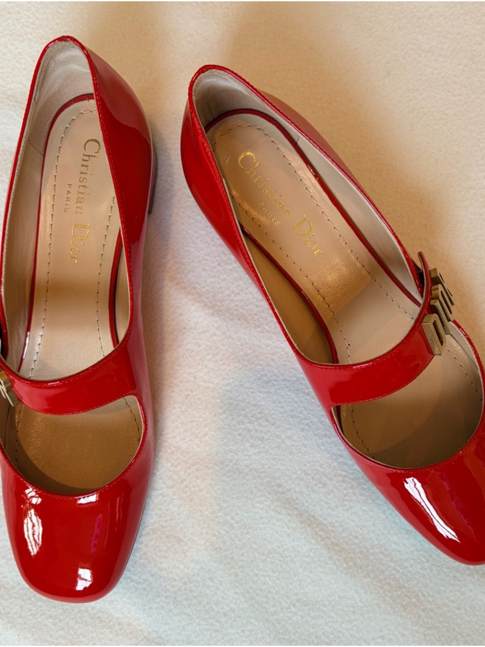 Dior Red Patent Baby-D Mary Jane Pumps with Logo Buckle